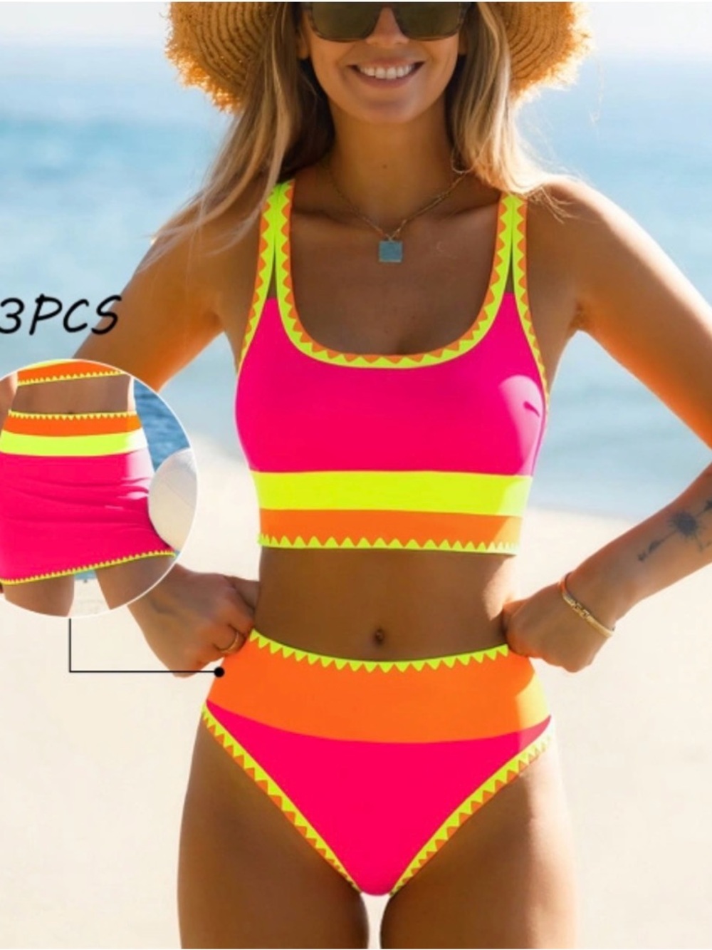 Popvil 3 piece set! Neon Pink & Orange High-Waist Bikini Set NWTs